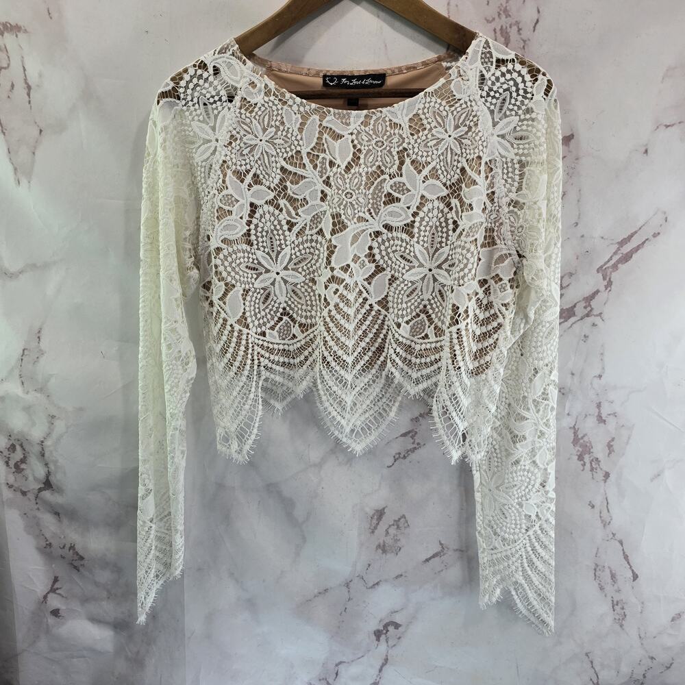 For Love & Lemons Shirt Womens Large White Blouse Long Sleeve Lace Lined Guava